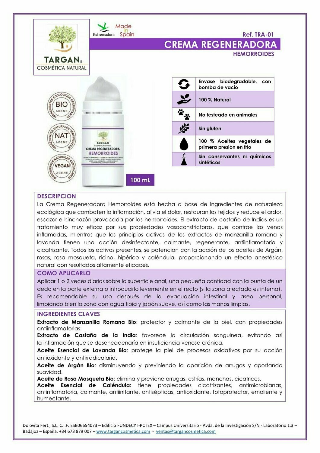 Crema Regeneradora Hemorroides (Ref.TRA-01)