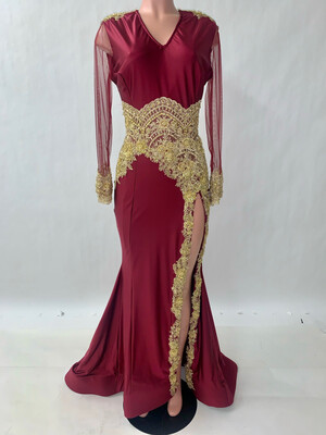 Burgundy And Gold Lace Sheath Gown