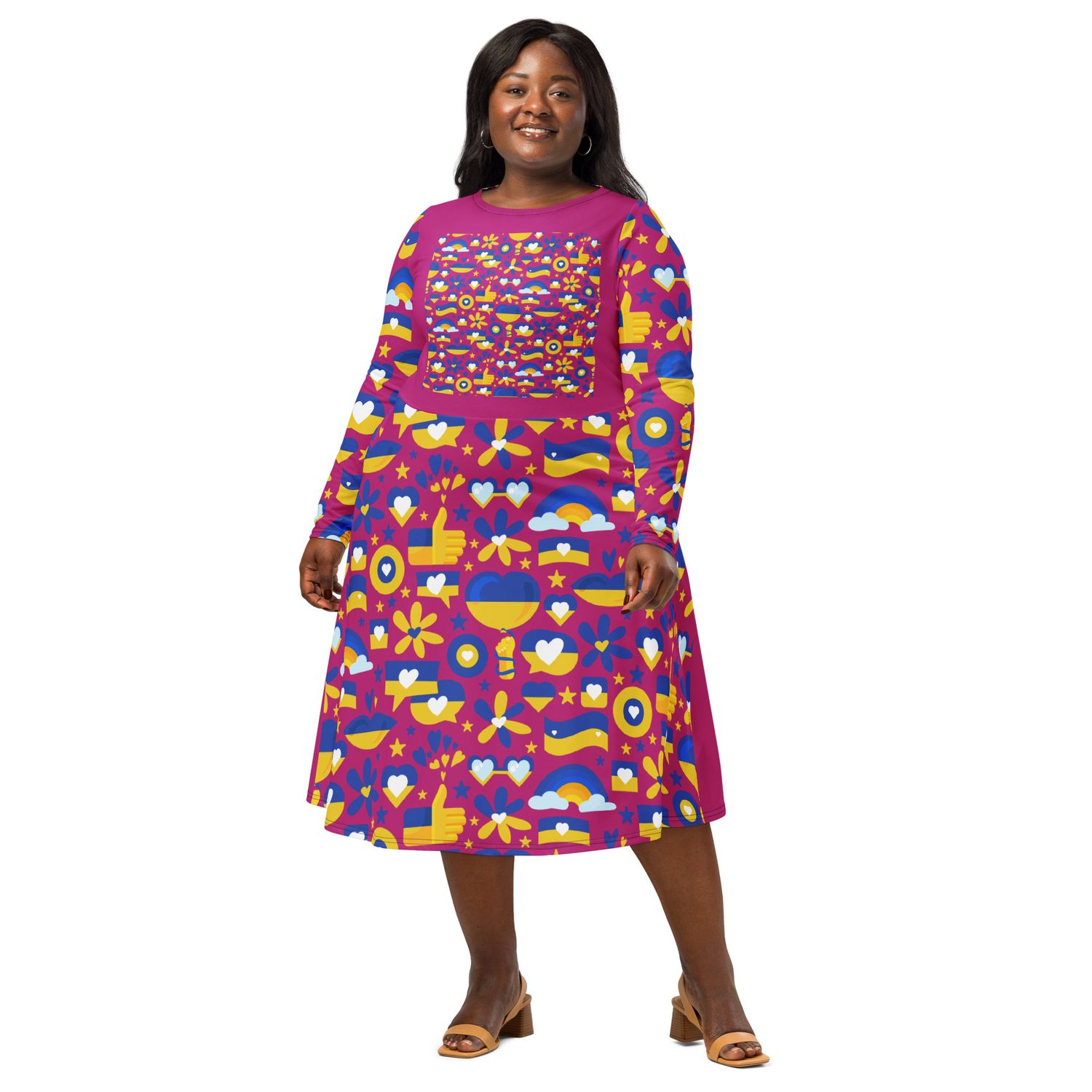 All-over print long sleeve midi dress