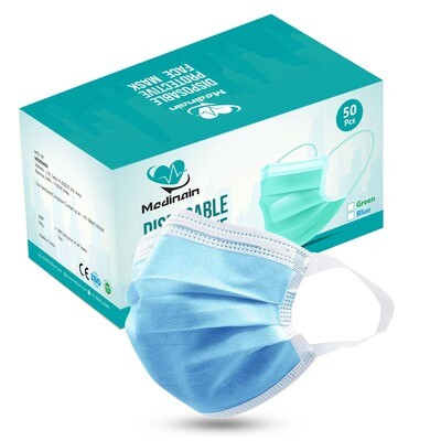 Medinain 3 Layer Adjustable Nose pin Spun bond 95% filtration Efficiency Medical-Surgical With Soft Ear Loops Face Mask (100 Pieces)