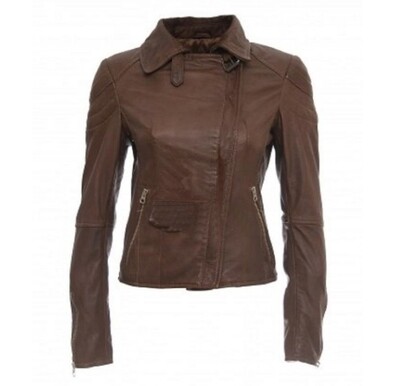 STYLISH BROWN FASHION COW-HIDE LEATHER JACKET FOR WOMEN