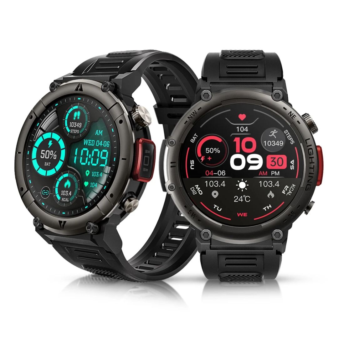 HollandIQ Extreem Smartwatch IP68  met touchscreen en zaklamp - Fitness Tracker voor heren, antwoord/bellen, waterdicht, oplaadbare batterij, lichaam van zinklegering, siliconeband