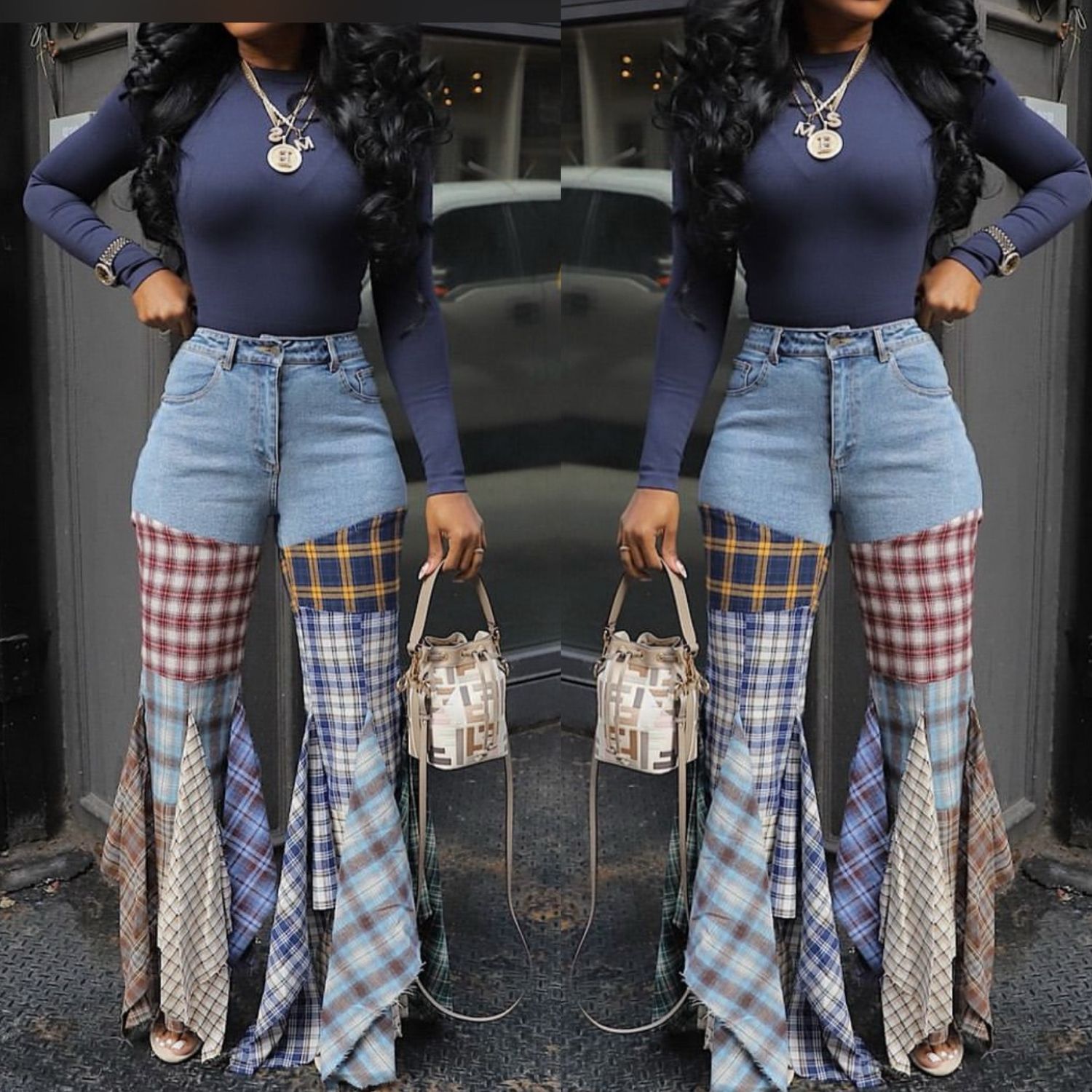 Plaid Wide Leg Jeans