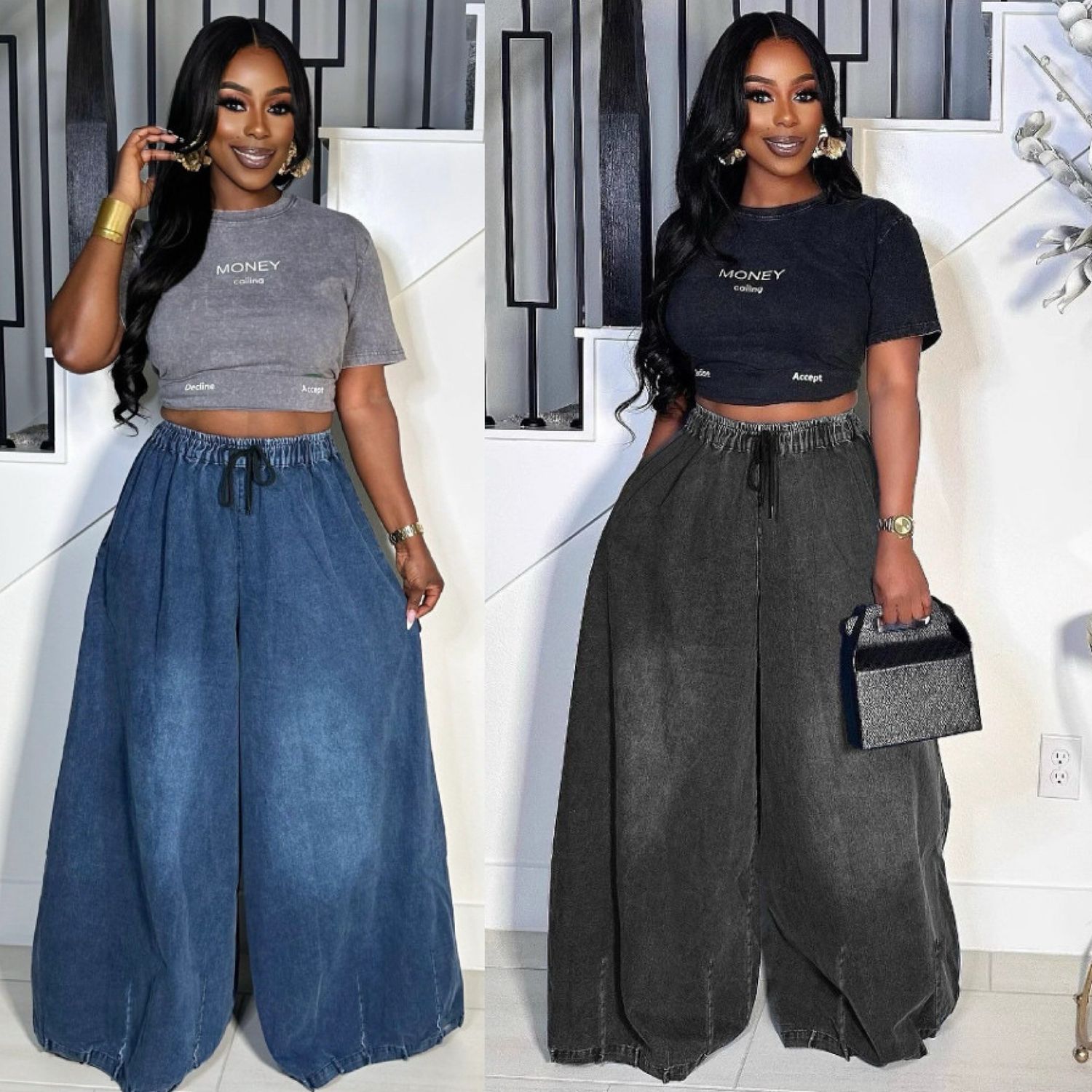 Drawstring Wide Leg Jeans