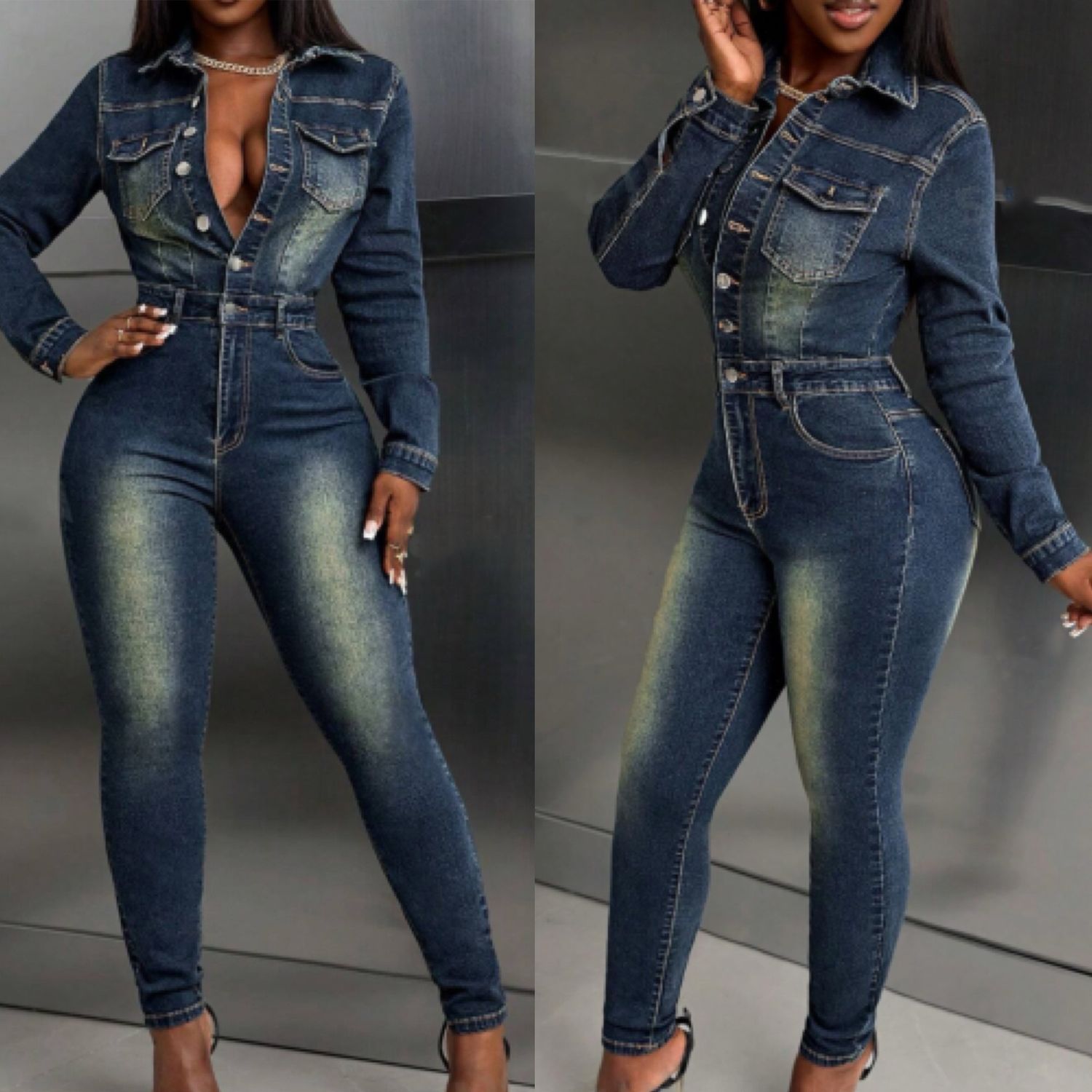 Elastic Waist Denim Jumpsuit