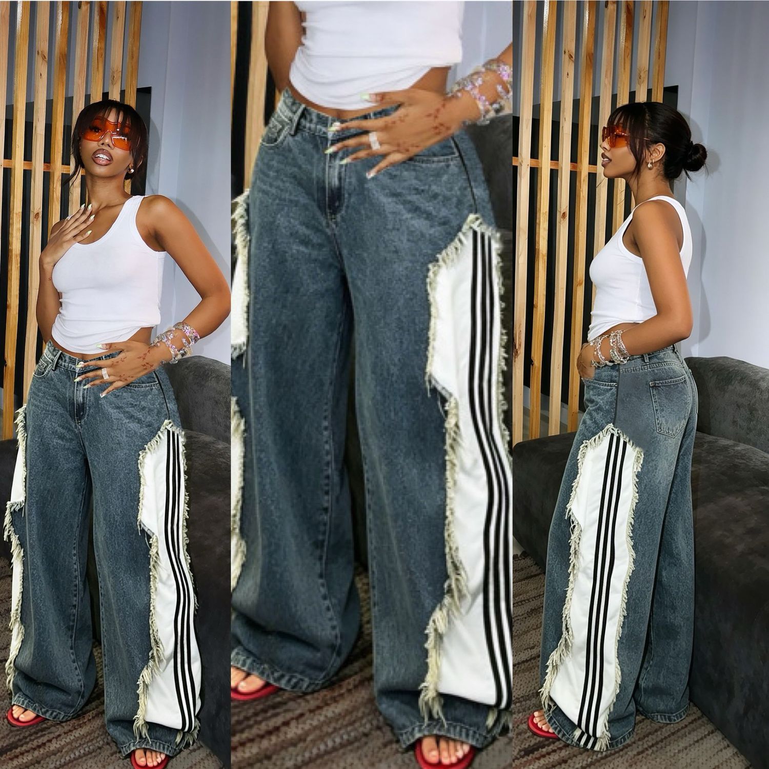 Striped Denim Patchwork Jeans