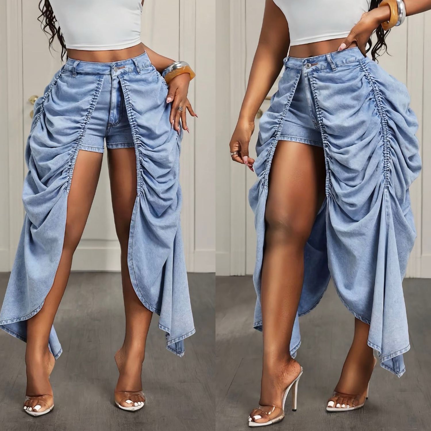 Draped Denim Shorts