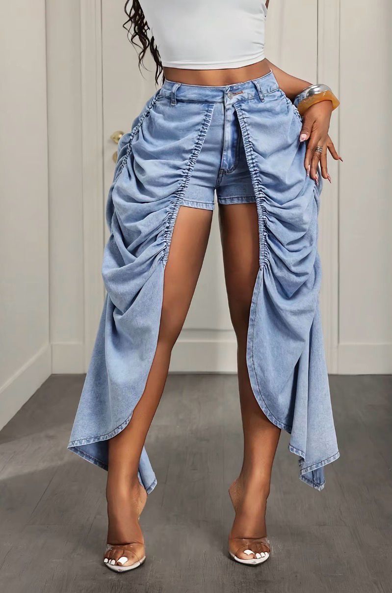 Draped Denim Shorts