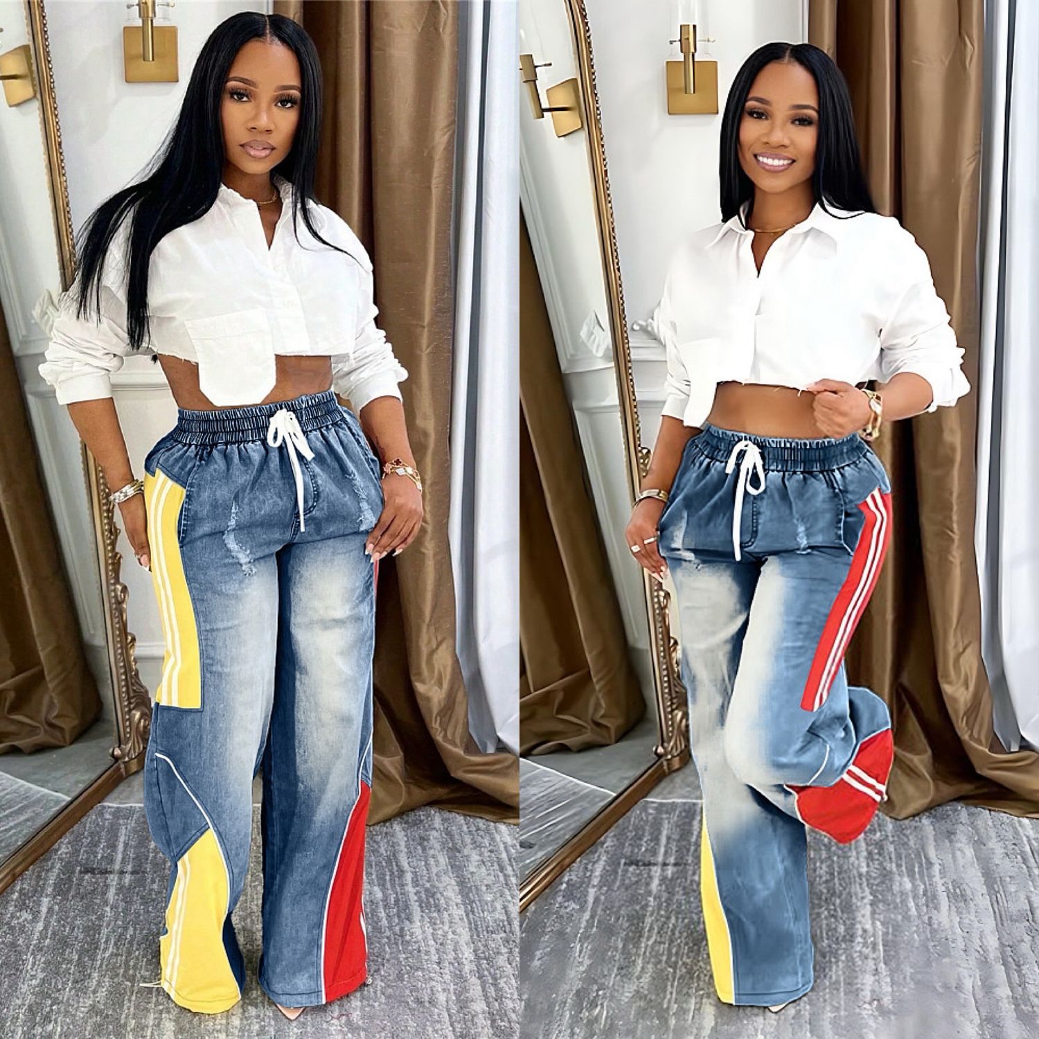 Colorblock Drawstring Jeans