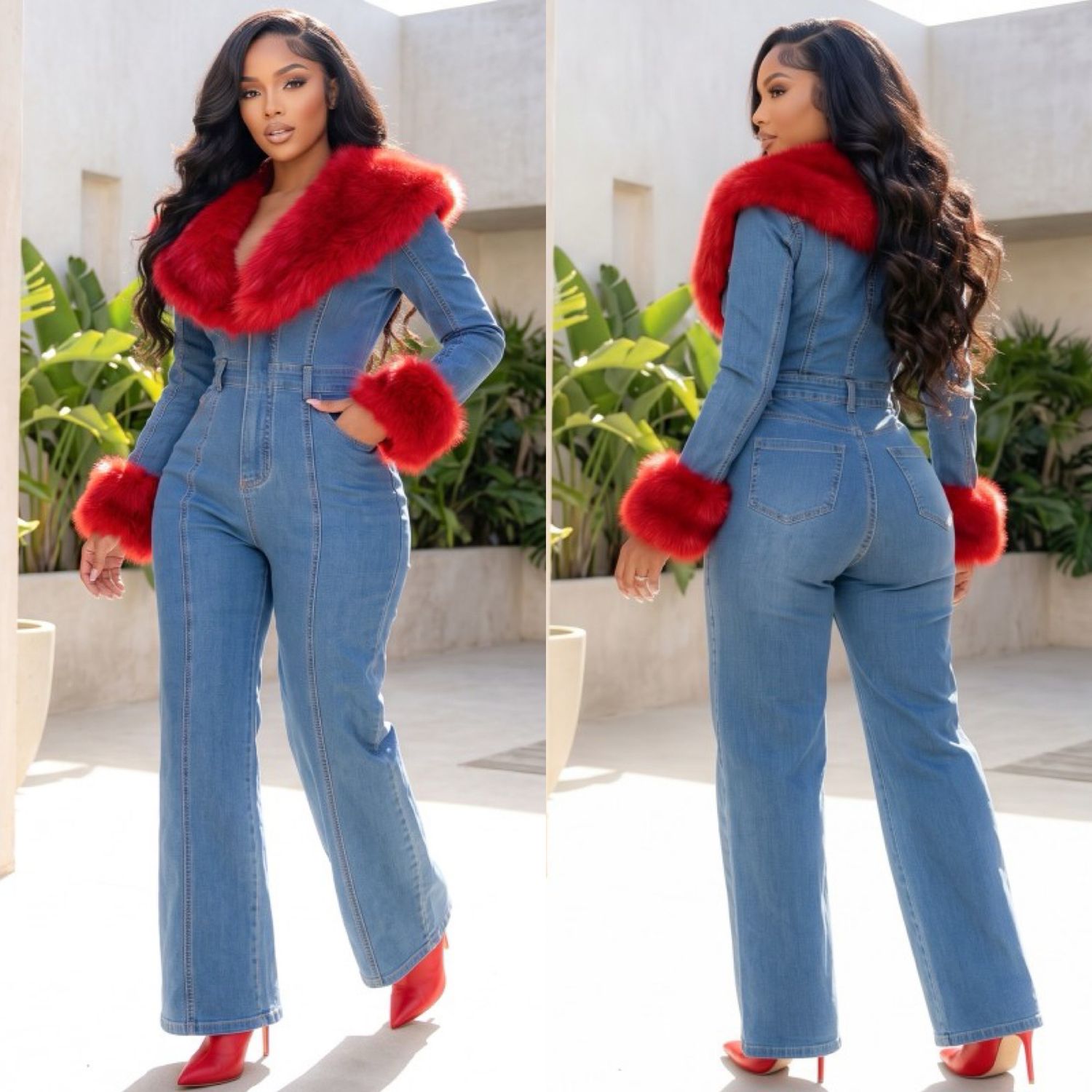 Fur Trim Denim Jumpsuit