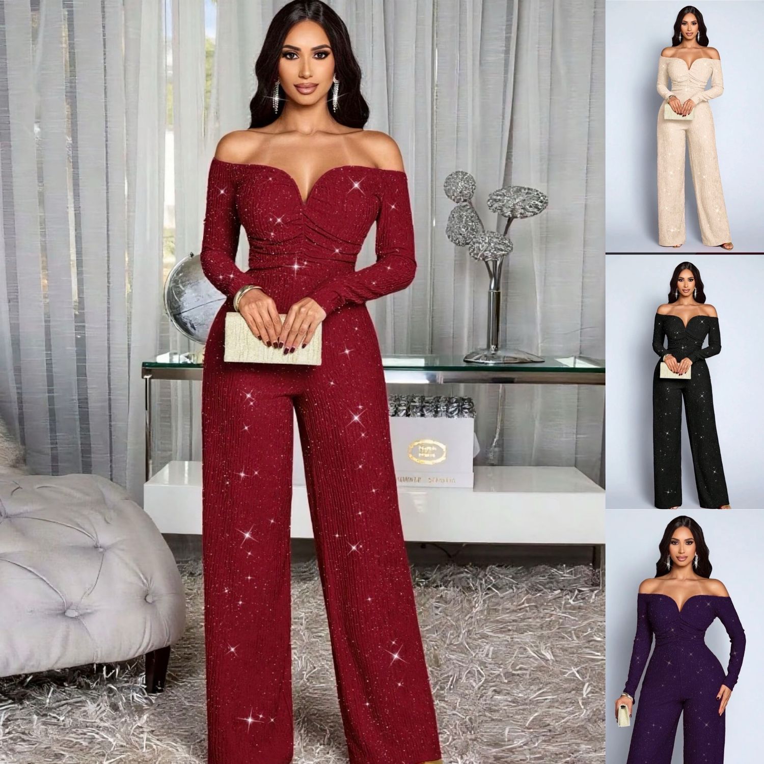 Sequins Cold Shoulder Jumpsuit
