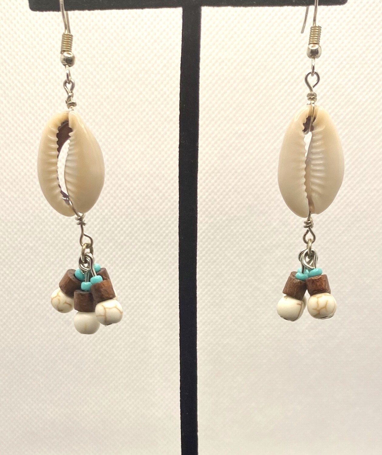 Howlite &amp; wood cowrie earrings