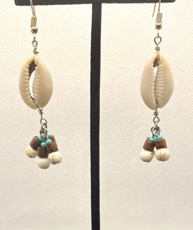Howlite &amp; wood cowrie earrings