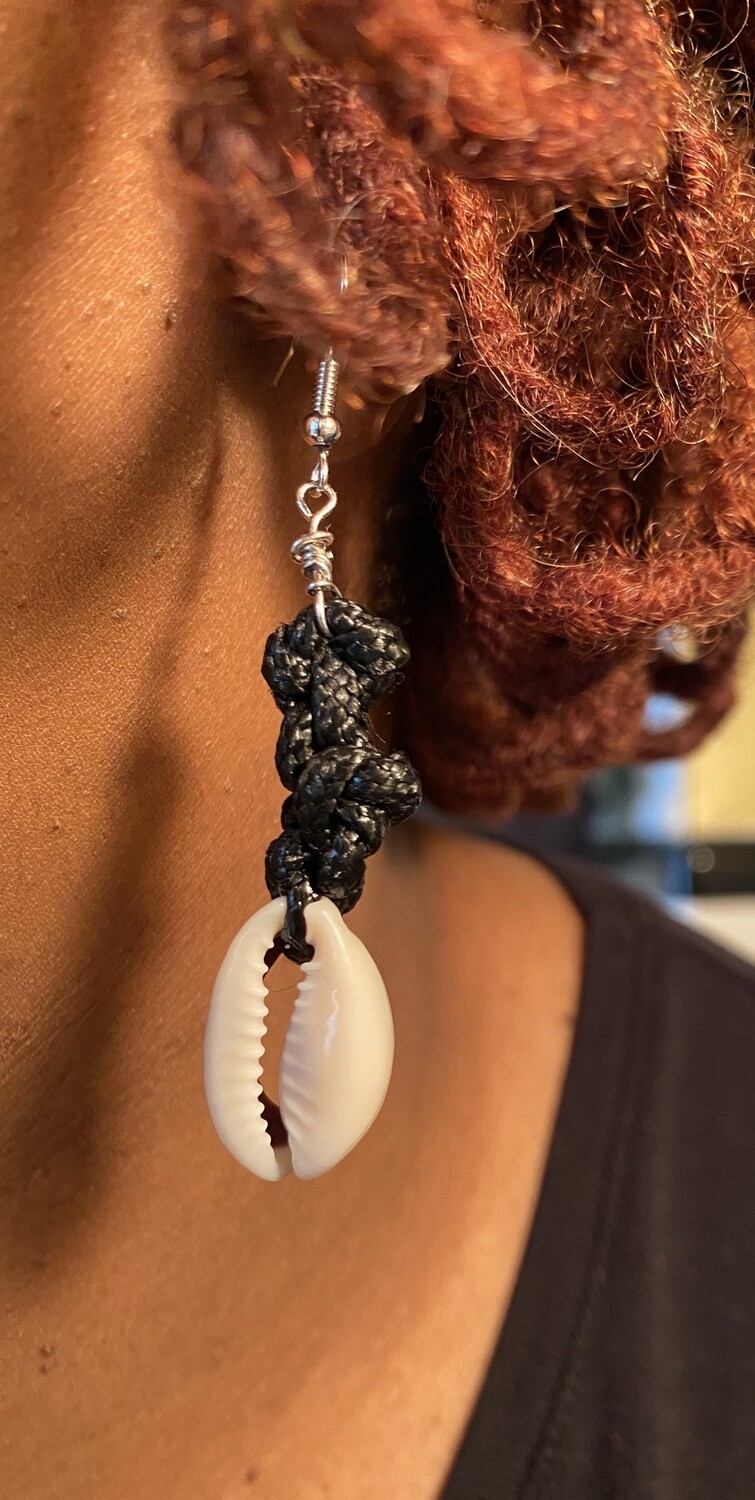 Knotted cord cowrie earrings (black or tan)