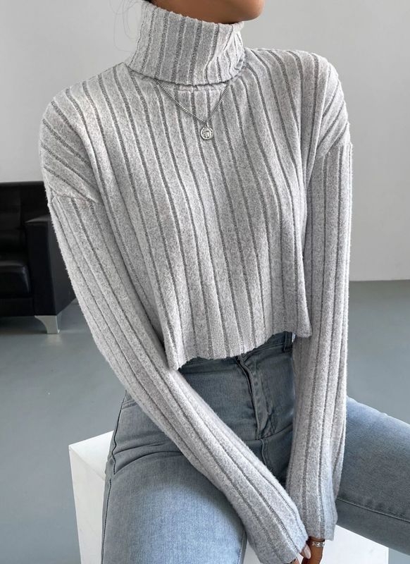 Turtle Neck Ribbed Wool Long Sleeve Top