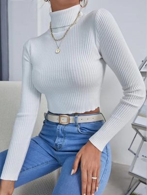 Turtle-Neck Long Sleeve Ribbed  Crop-Top