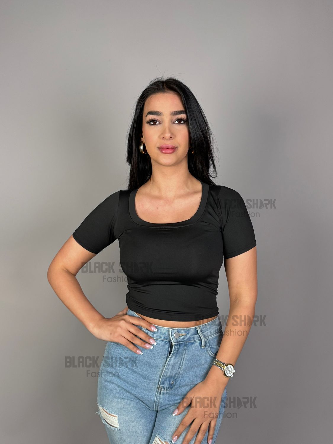 Square Neck Short Sleeve Crop, Color: Black