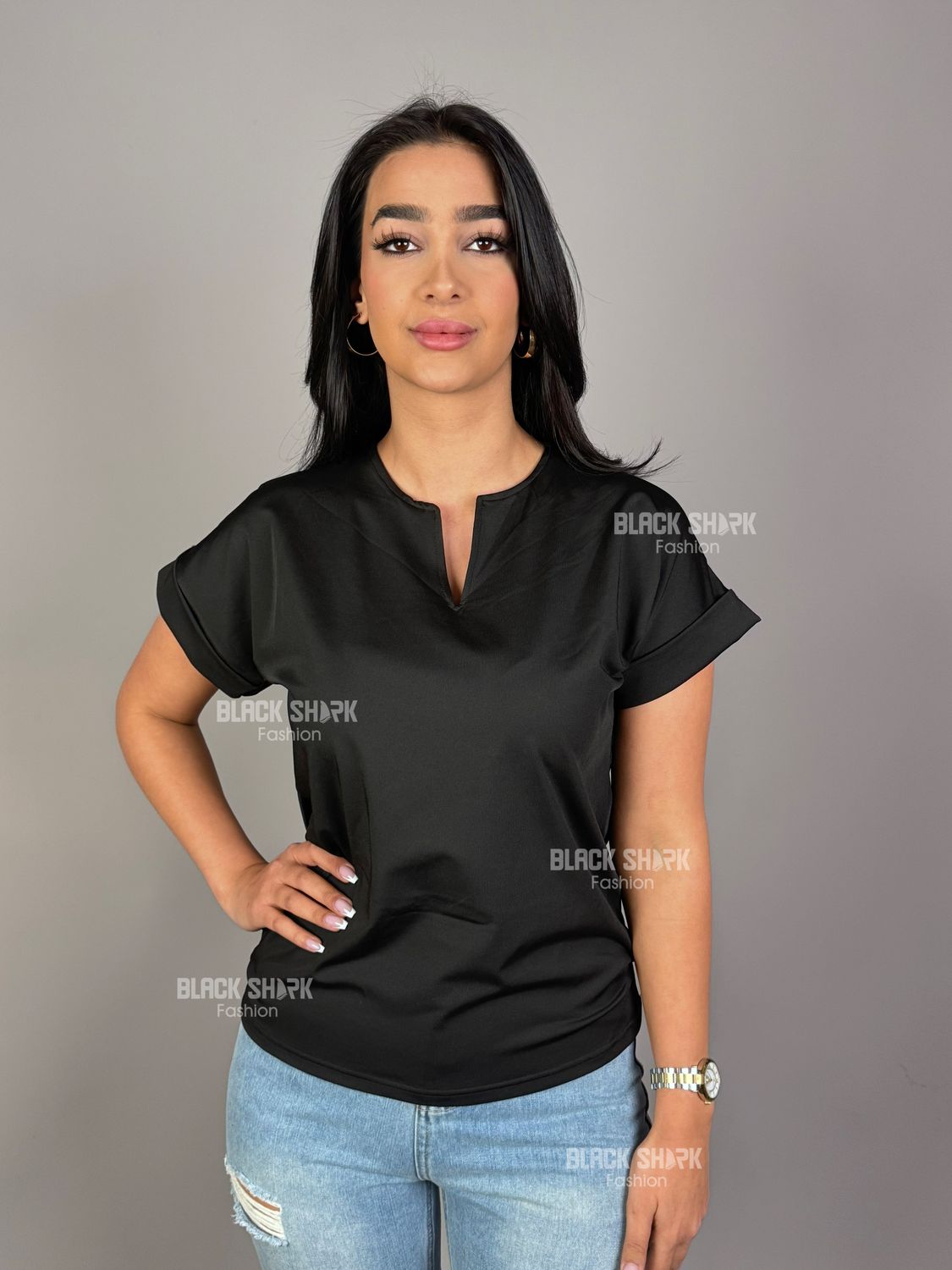 V-Neck Short Sleeve T-Shirt, Color: Black