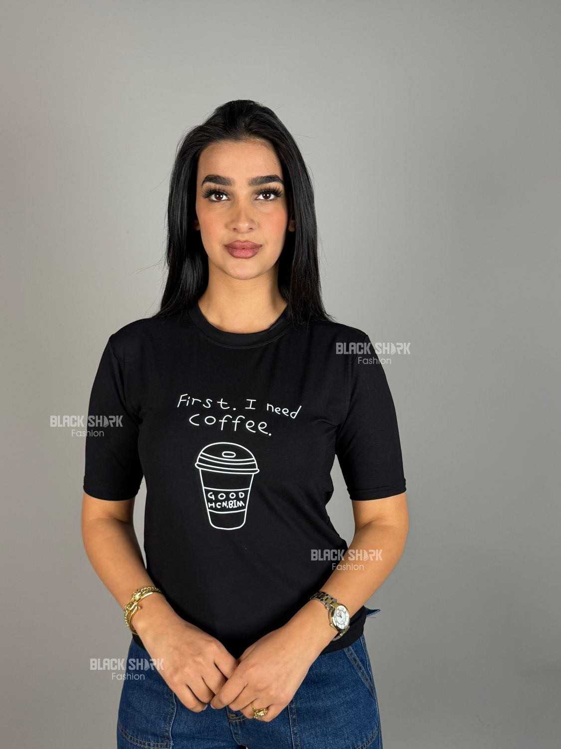 Printed Short Sleeve Cotton Top, Color: Black
