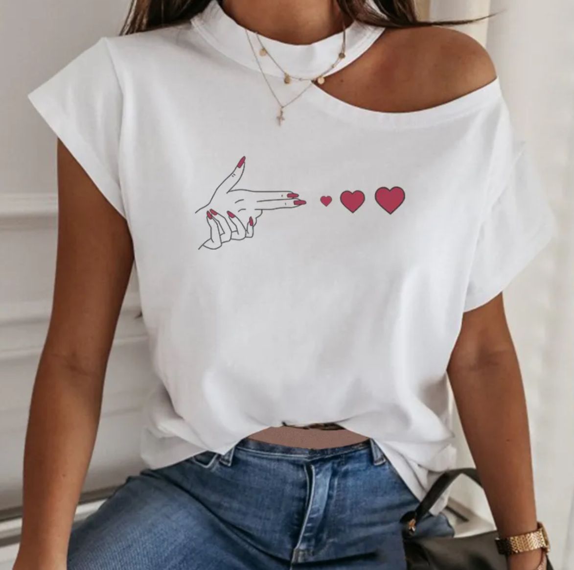 Shoulder Off Printed Cotton Short Sleeve T-Shirt