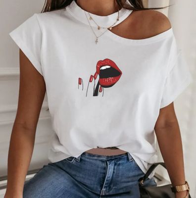 Shoulder Off Printed Cotton T-Shirt