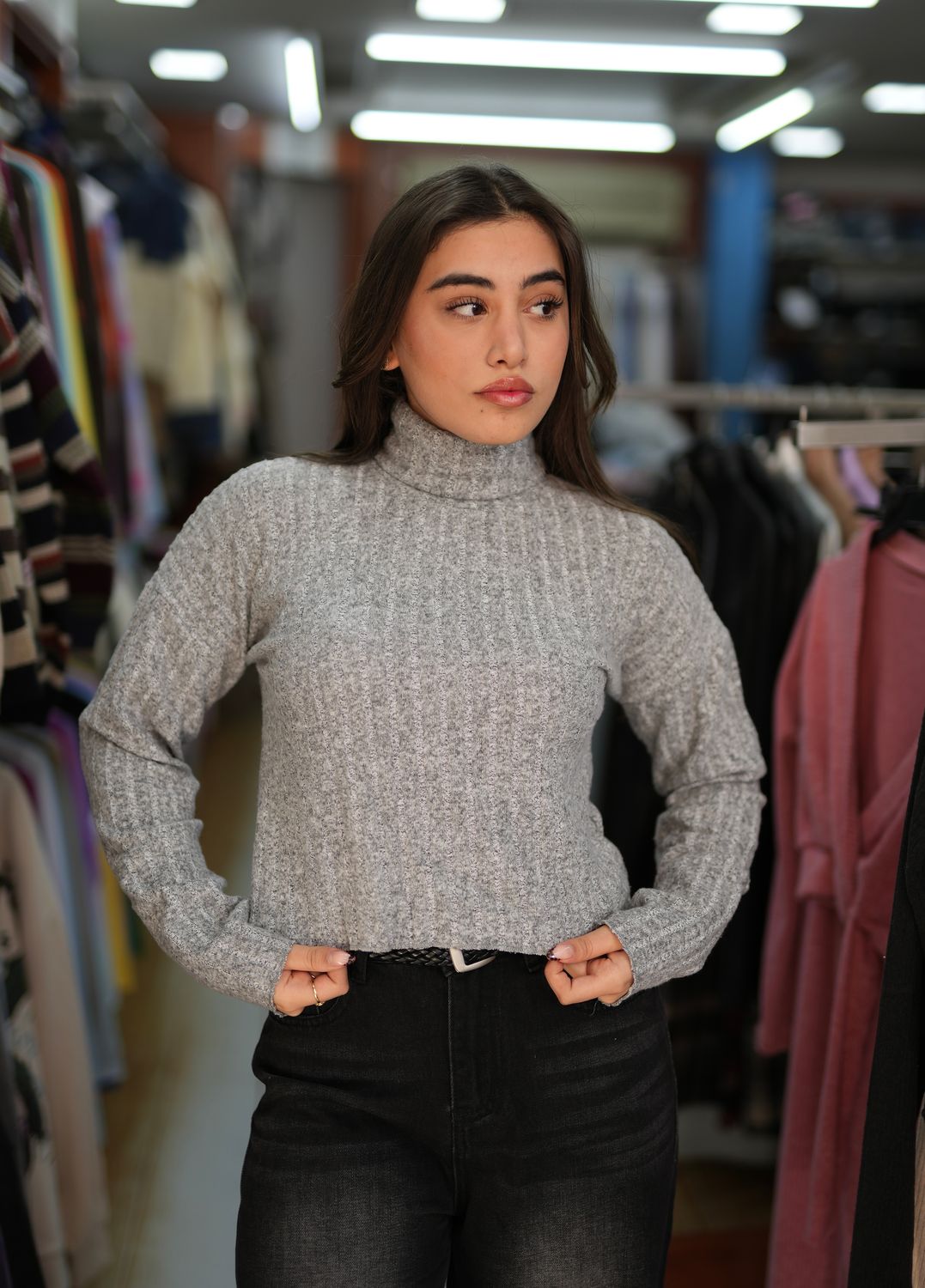 Turtle-Neck Long Sleeve Ribbed Wool Top