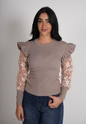 Mesh Sleeve Ribbed Top