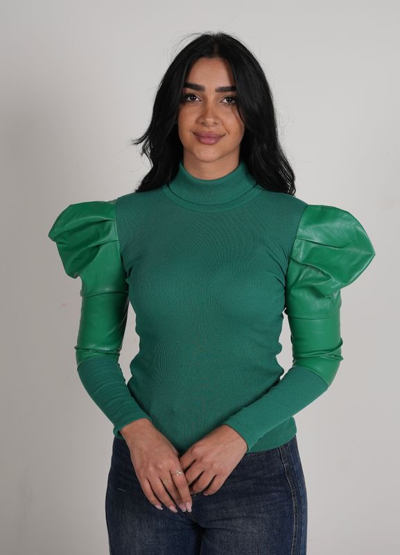 Leather Sleeve Ribbed Top