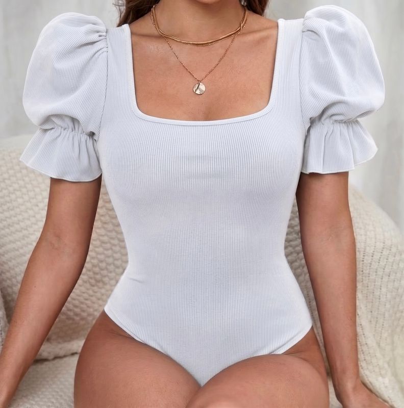 Puff Sleeve Square Neck Ribbed Bodysuit
