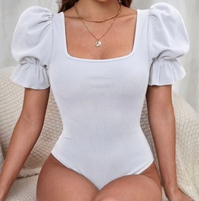 Puff Sleeve Square Neck Ribbed Bodysuit