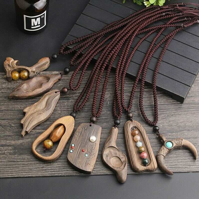 handmade Sandalwood Natural Stone Pendant Necklace for Women Girl Fashion Adjustable Long Sweater Chain Jewelry Gift Souvenir