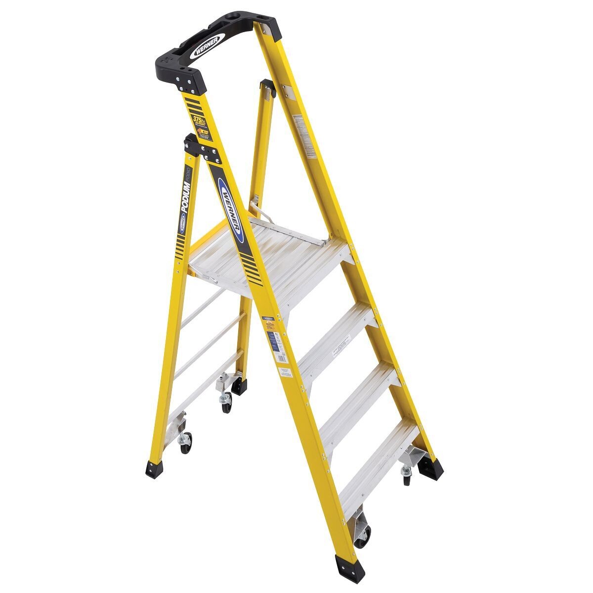 WERNER FIBREGLASS PODIUM LADDER 4 TREAD C/W CASTORS
