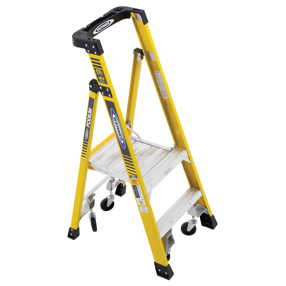 WERNER FIBREGLASS PODIUM LADDER 2 TREAD C/W CASTORS