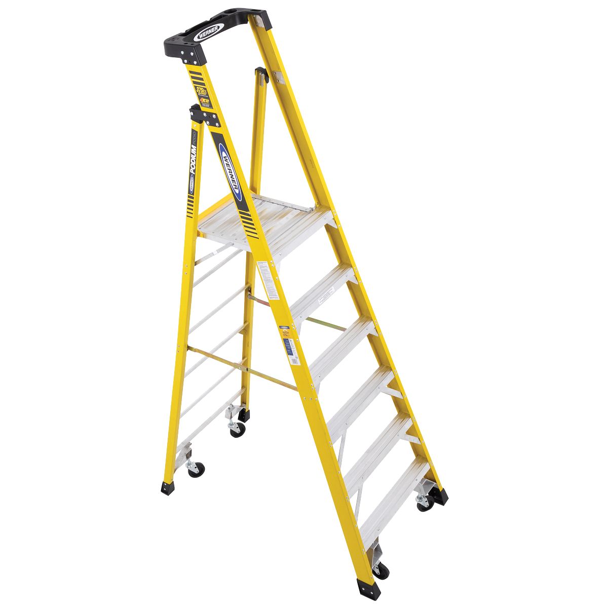 WERNER FIBREGLASS PODIUM LADDER 6 TREAD C/W CASTORS