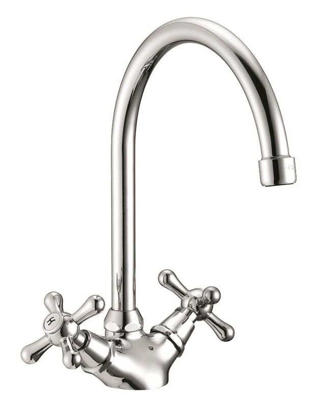 Rubinetto Gruppo Lavello in Ottone per cucina manopola antica con bocca ad ombrello