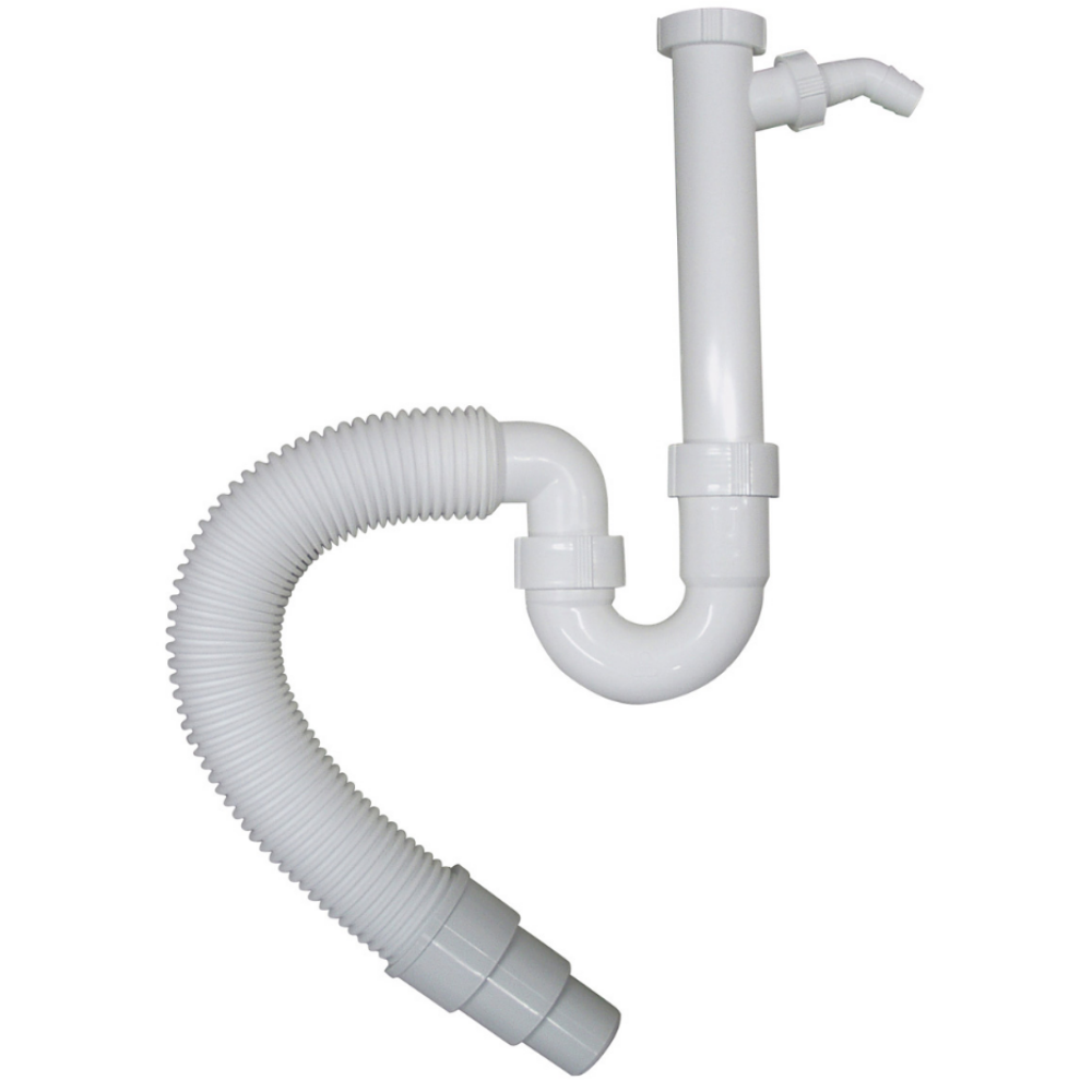 Sifone, Tubo di Scarico, Canotto PP bianco 1 attacco lav. con cartella  1" 1/2 curva S con tubo flessibile diam. 40/50