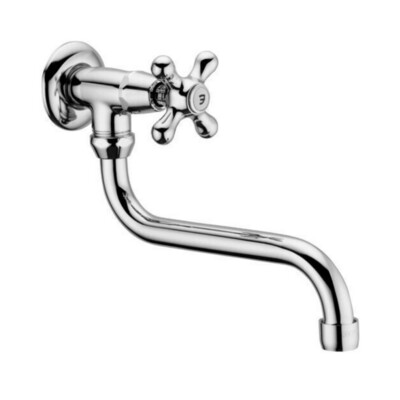 Rubinetto Singolo Lavello a muro in Ottone per Cucina manopola antica  con bocca girevole a "S". attacco muro 1/2" . Cromo