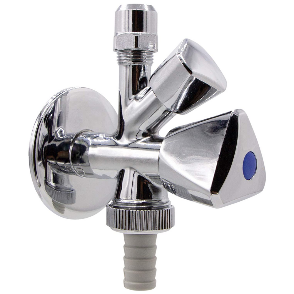 Rubinetto Sottolavabo Combinato a 2  Uscite, Filetto esterno 1/2" e Attacco per tubetto rame  ø 10mm e raccordi, filetto esterno (G 3/8")