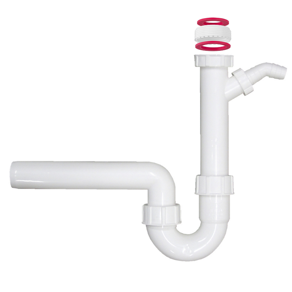 Sifone kit scarico lavello a S con attacco lavatrice, lavastoviglie  ghiera raccordo universale 1"1/2 e 1"1/4  PP  diam. tubo 40 mm