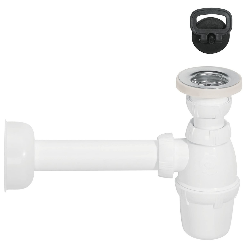 Set Sifone di scarico per lavabo a bottiglia con  piletta universale, Raccordo G 1 1/4”  tubo di scarico diametro 32 mm. Colore Bianco