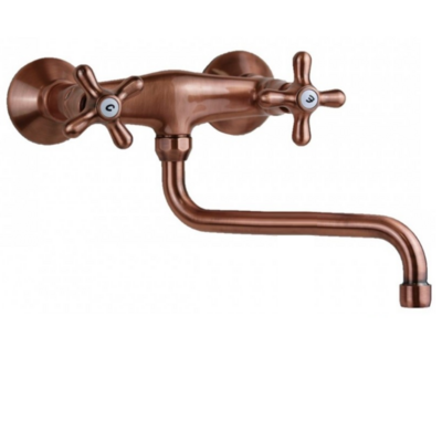 Rubinetto Gruppo Lavello a muro per cucina manopola antica con bocca girevole a Rubinetto Gruppo Lavello a muro per cucina manopola antica con bocca girevole a "S" Rame Antico