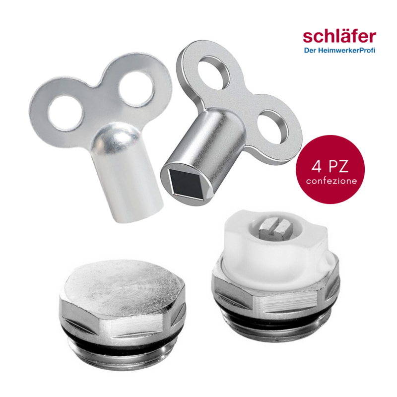 4pz. Kit Valvola di Sfiato per radiatori, caloriferi, termosifoni  Chiave quadro 5x5 mm e tappo