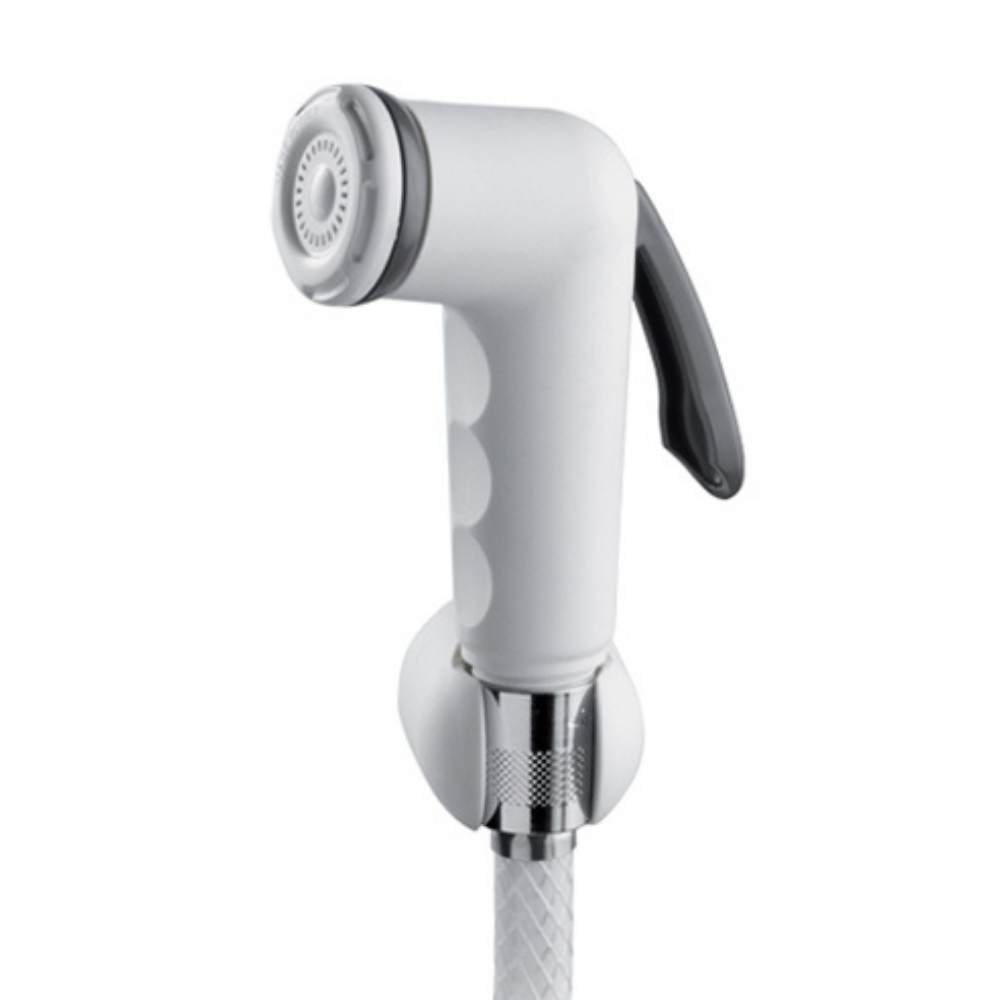 Set Doccetta igienica per Bidet idroscopino con pulsante shut off, flessibile 120 cm  e supporto, staffa a parete per tubo flessibile  Bianca - risparmio