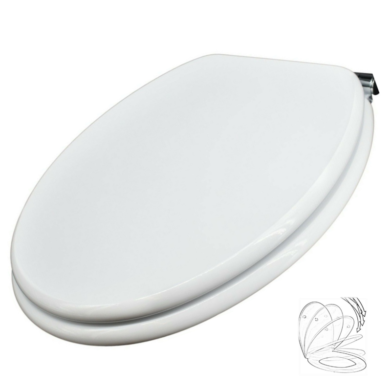 Sedile Copriwater Soft Close, chiusura ammortizzata, fissaggio cerniere regolabli, Universale "Trient"  Legno, Bianco