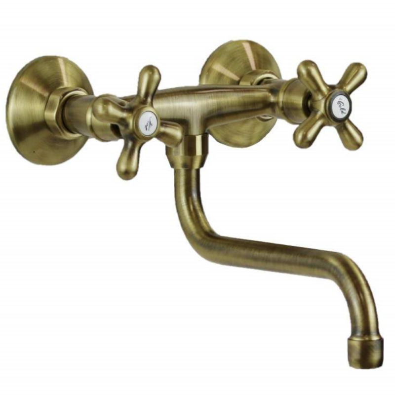 Rubinetto Lavello Cucina a muro Bronzo, Ottone Antico, manopola antica con bocca girevole a  "S"