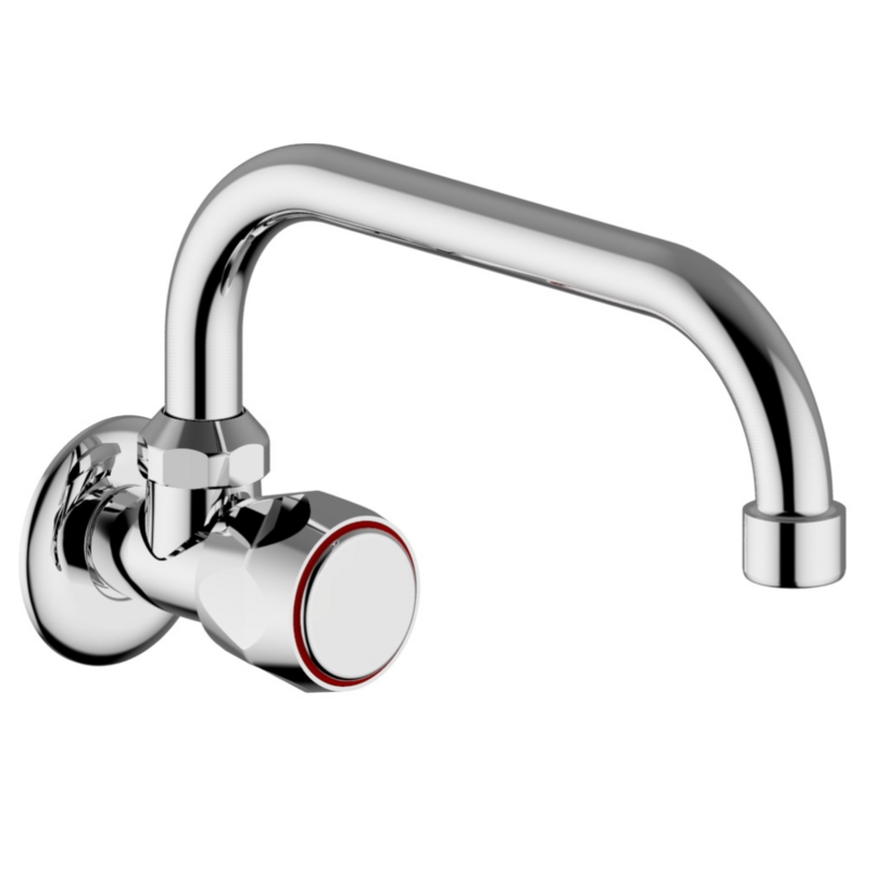 Rubinetto singolo a muro in ottone per Lavello Cucina manopola tonda con bocca girevole a "U". attacco muro 1/2" . Cromo