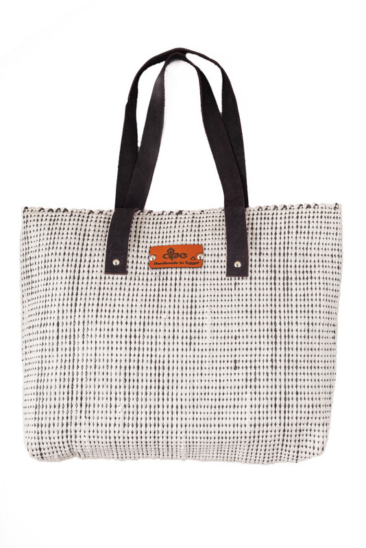 Woven Bag- Fabric With Gifts Ribbons ( Silver)- Leather Handle / 30*45 cm / شنطة من قماش منسوج مع شرائط الهدايا ( فضي ) بيد جلد