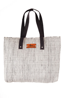 Woven Bag- Fabric With Gifts Ribbons ( Silver)- Leather Handle / 30*45 cm / شنطة من قماش منسوج مع شرائط الهدايا ( فضي ) بيد جلد