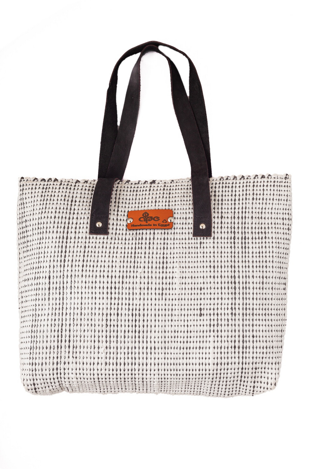 Woven Bag- Fabric With Gifts Ribbons ( Silver)- Leather Handle / 30*45 cm / شنطة من قماش منسوج مع شرائط الهدايا ( فضي ) بيد جلد