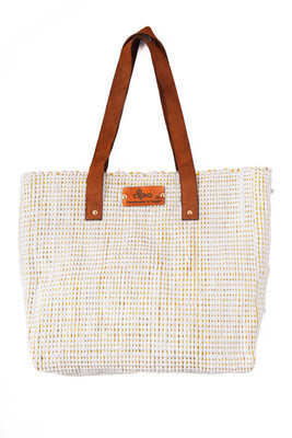 Woven Bag- Fabric With Gifts Ribbons ( Golden) - Leather Handel / 30*45 cm / شنطة من قماش منسوج مع شرائط الهدايا ( ذهبي ) - بيد جلد